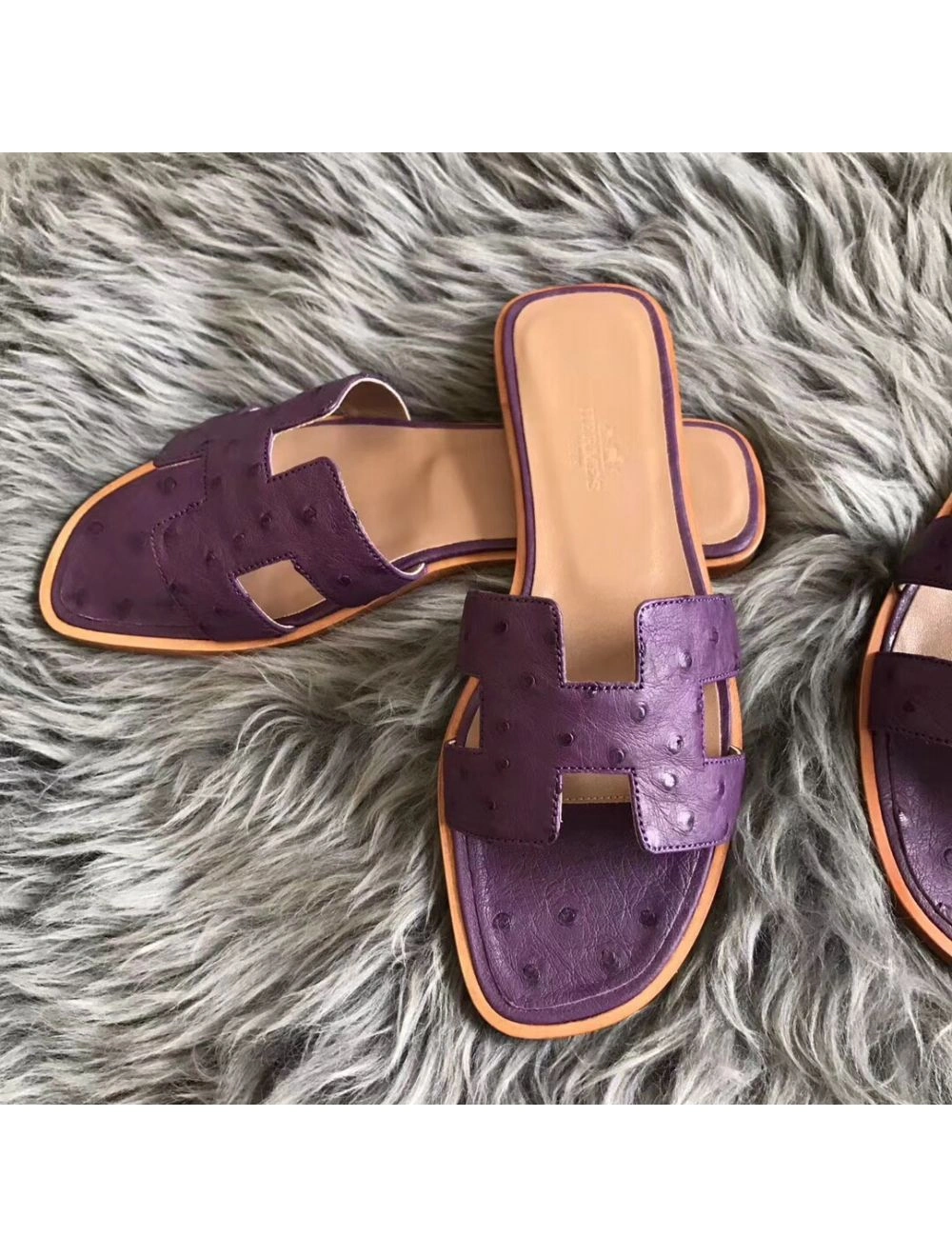 Hermes Oran Sandals In Purple Ostrich Leather