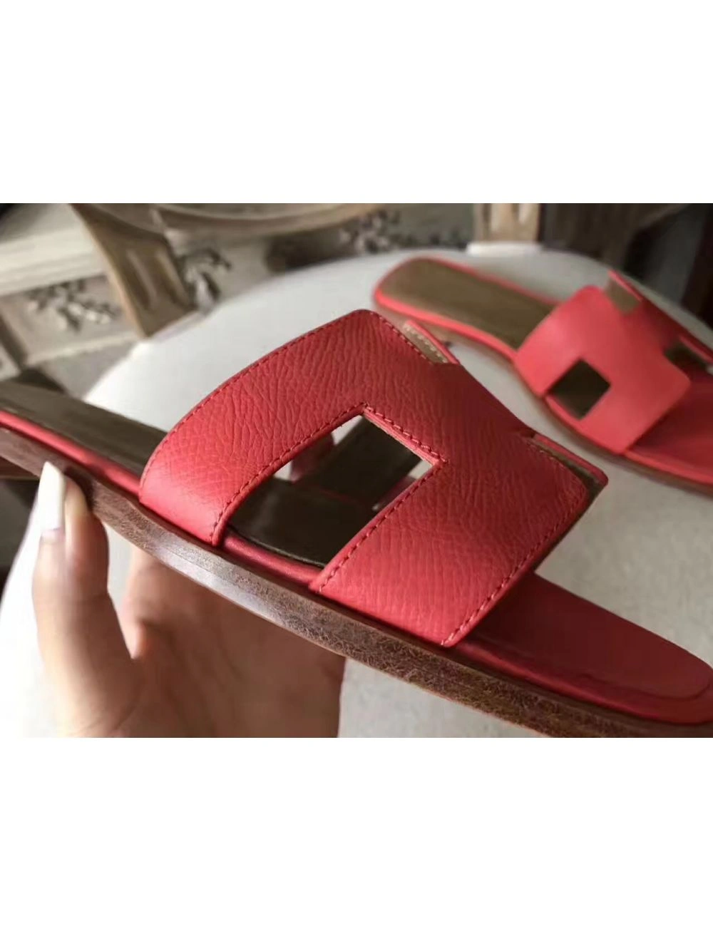 Hermes Oran Sandals In Rose Azalee Epsom Leather