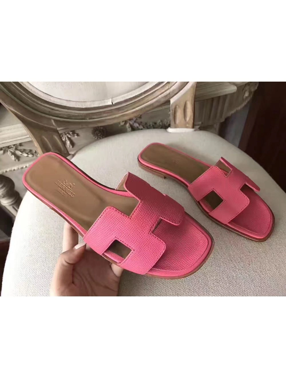 Hermes Oran Sandals In Rose Confetti Epsom Leather
