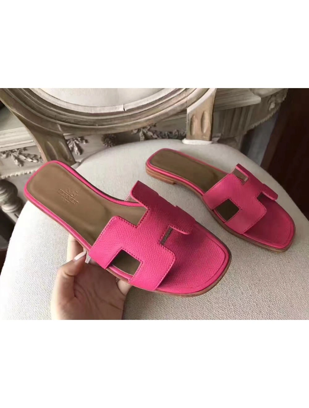 Hermes Oran Sandals In Rose Red Epsom Leather