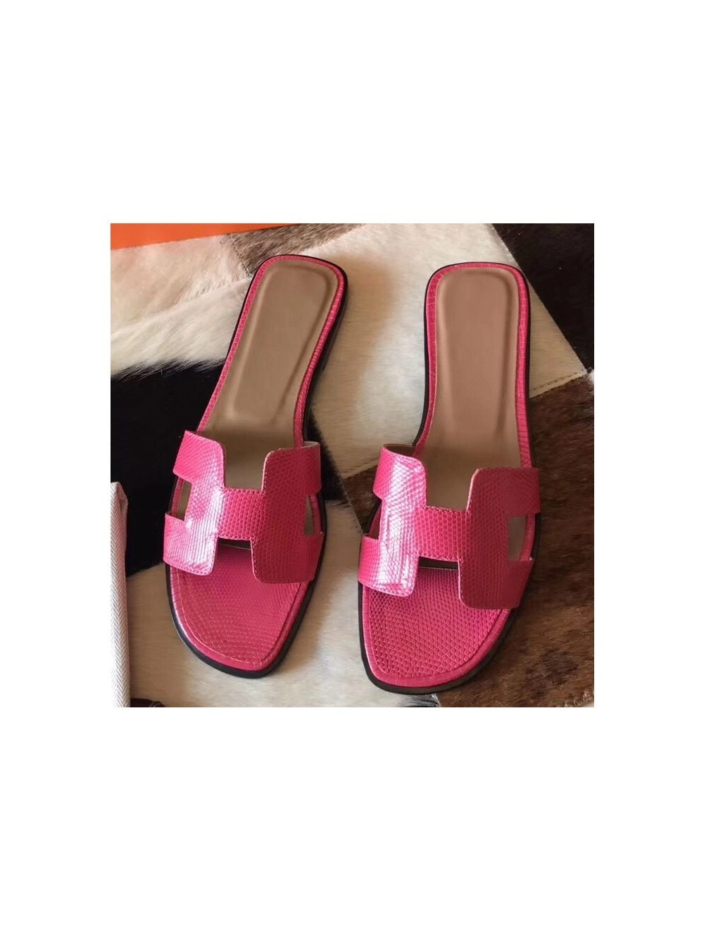 Hermes Oran Sandals In Rose Red Lizard Leather