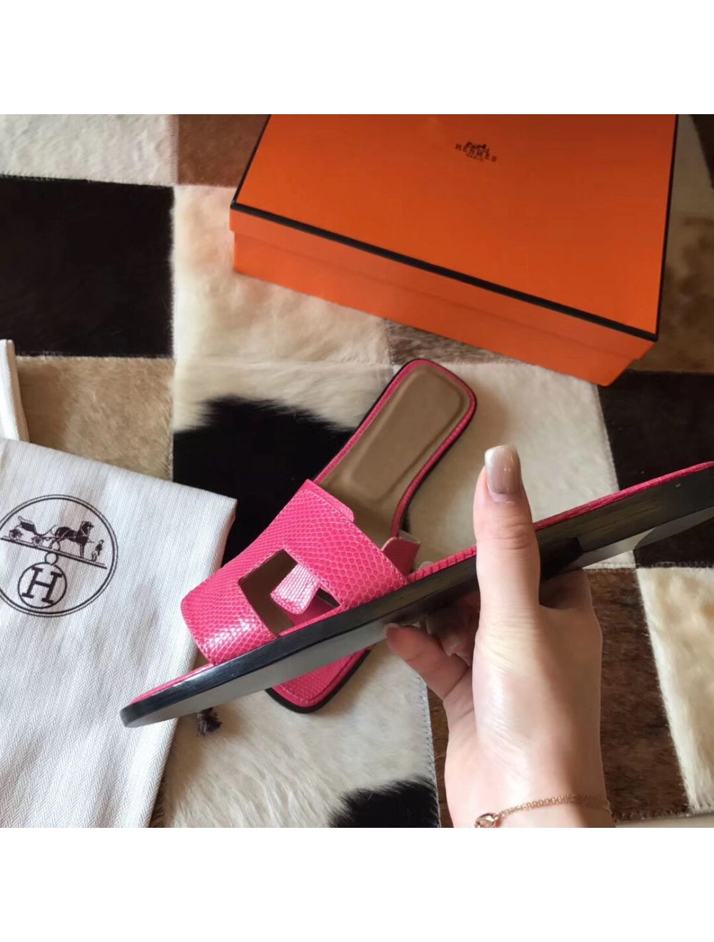 Hermes Oran Sandals In Rose Red Lizard Leather