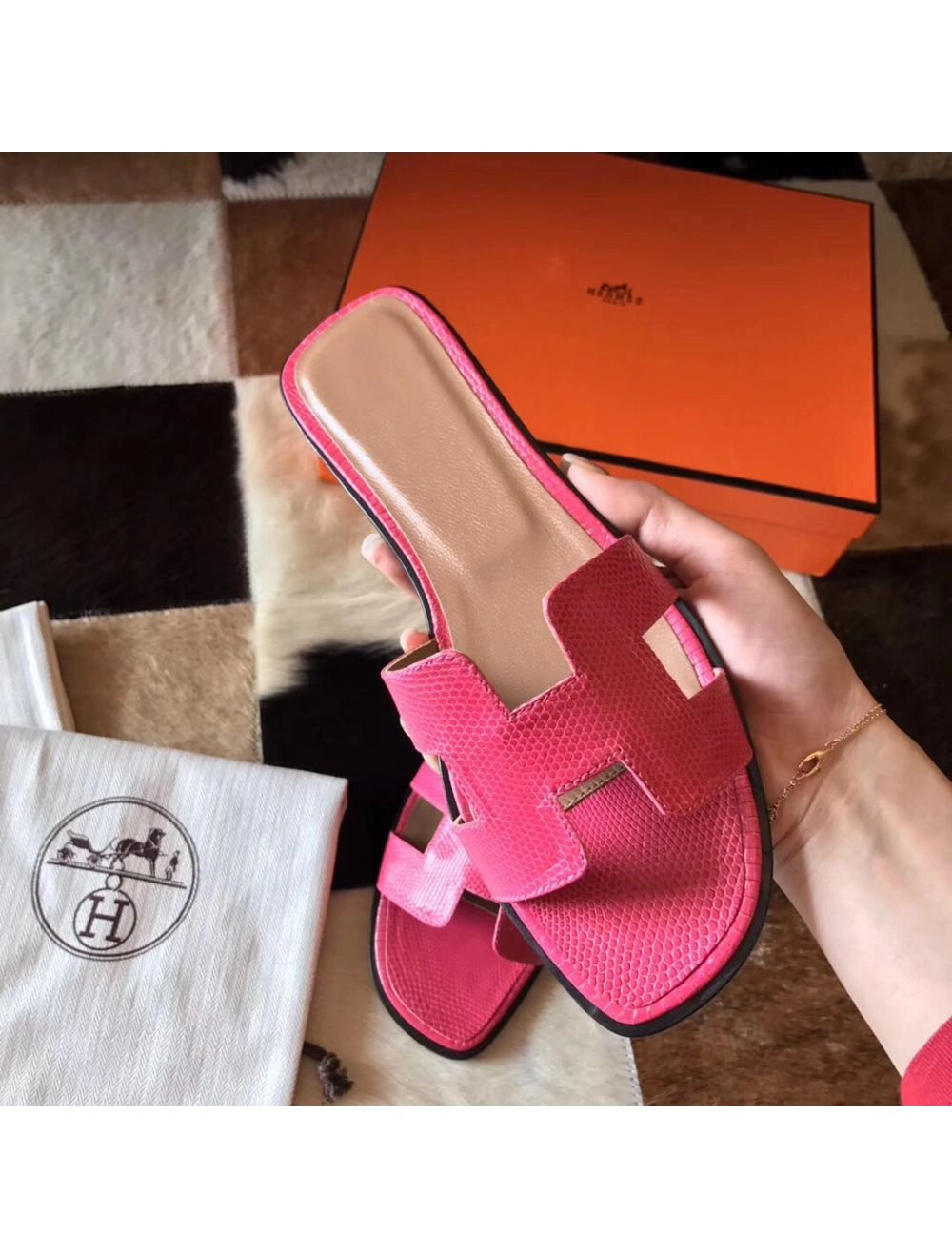Hermes Oran Sandals In Rose Red Lizard Leather