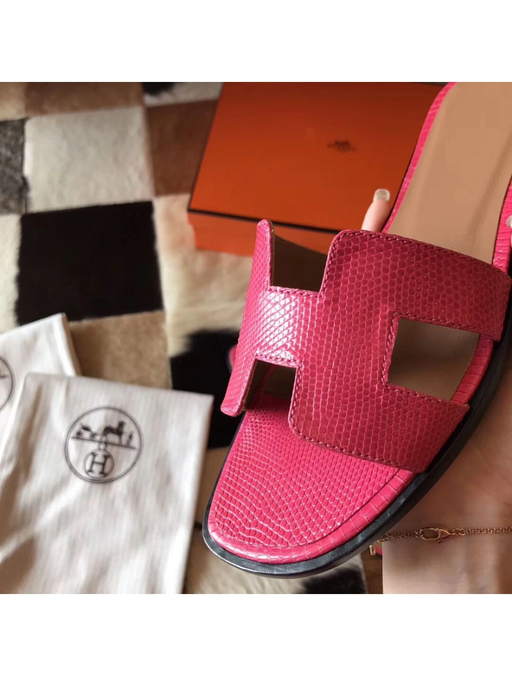 Hermes Oran Sandals In Rose Red Lizard Leather