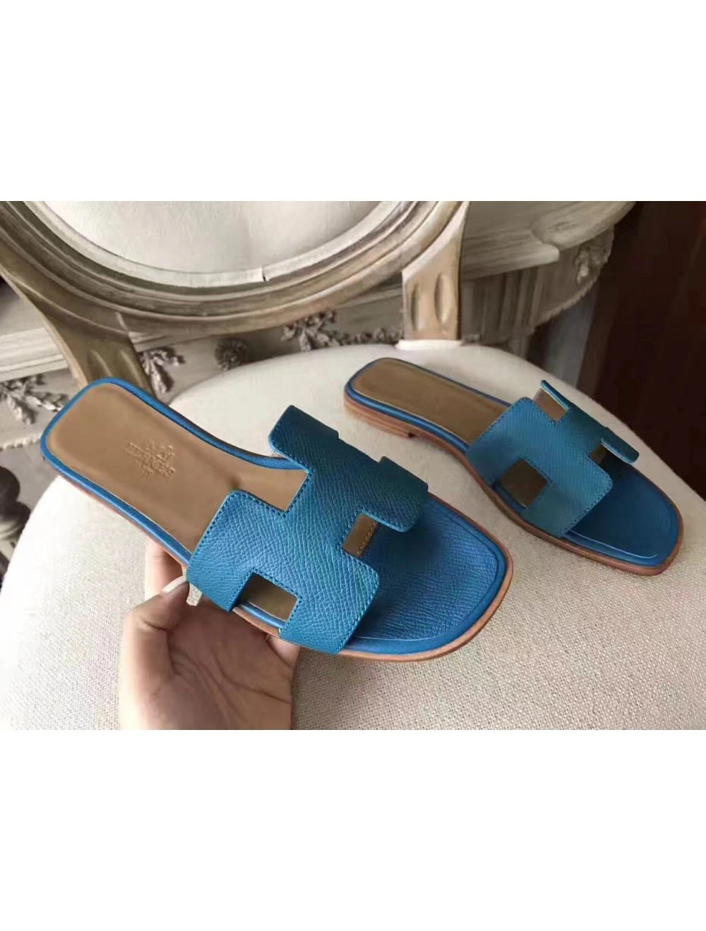 Hermes Oran Sandals In Turquoise Epsom Leather
