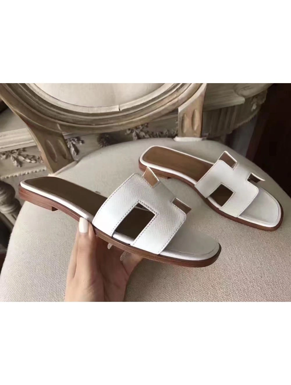 Hermes Oran Sandals In White Epsom Leather