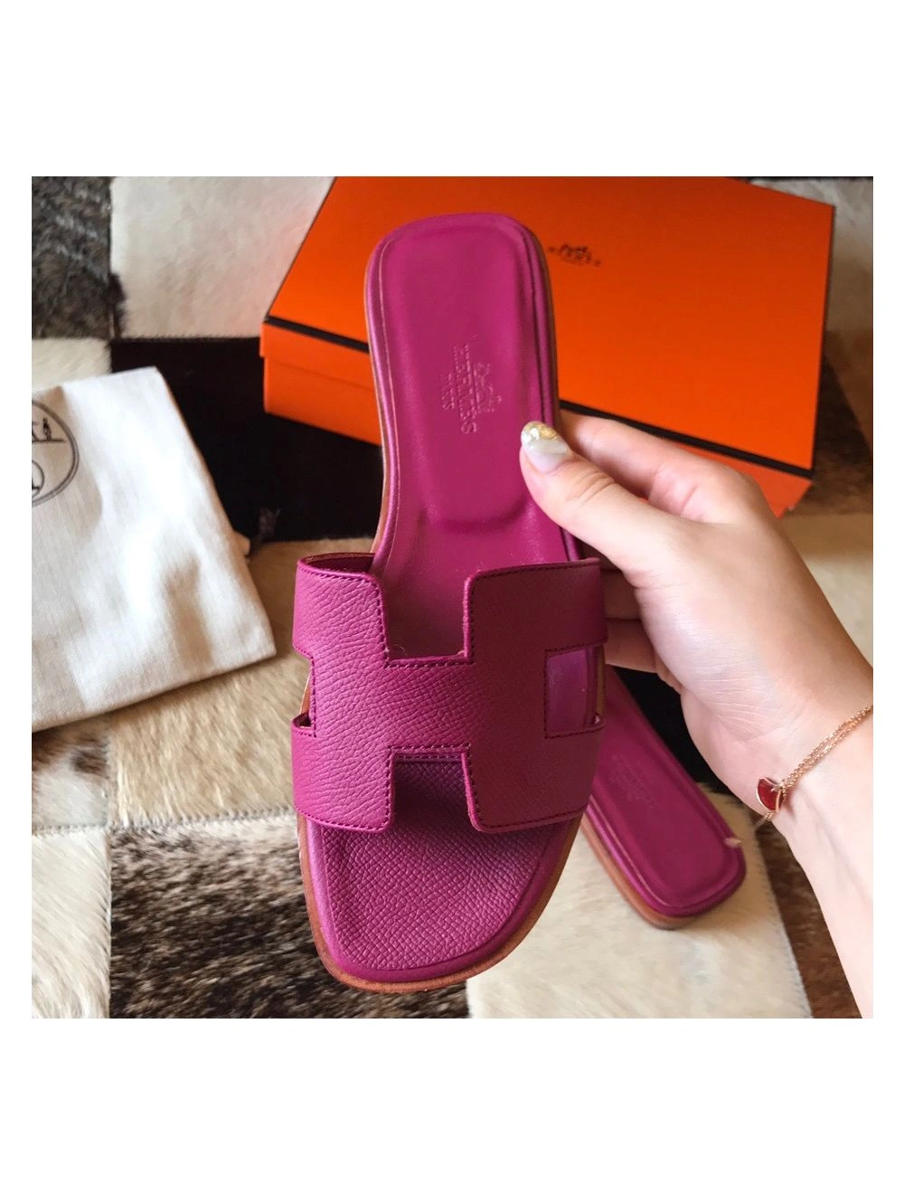 Hermes Oran Slide Sandals In Anemone Epsom Calfskin