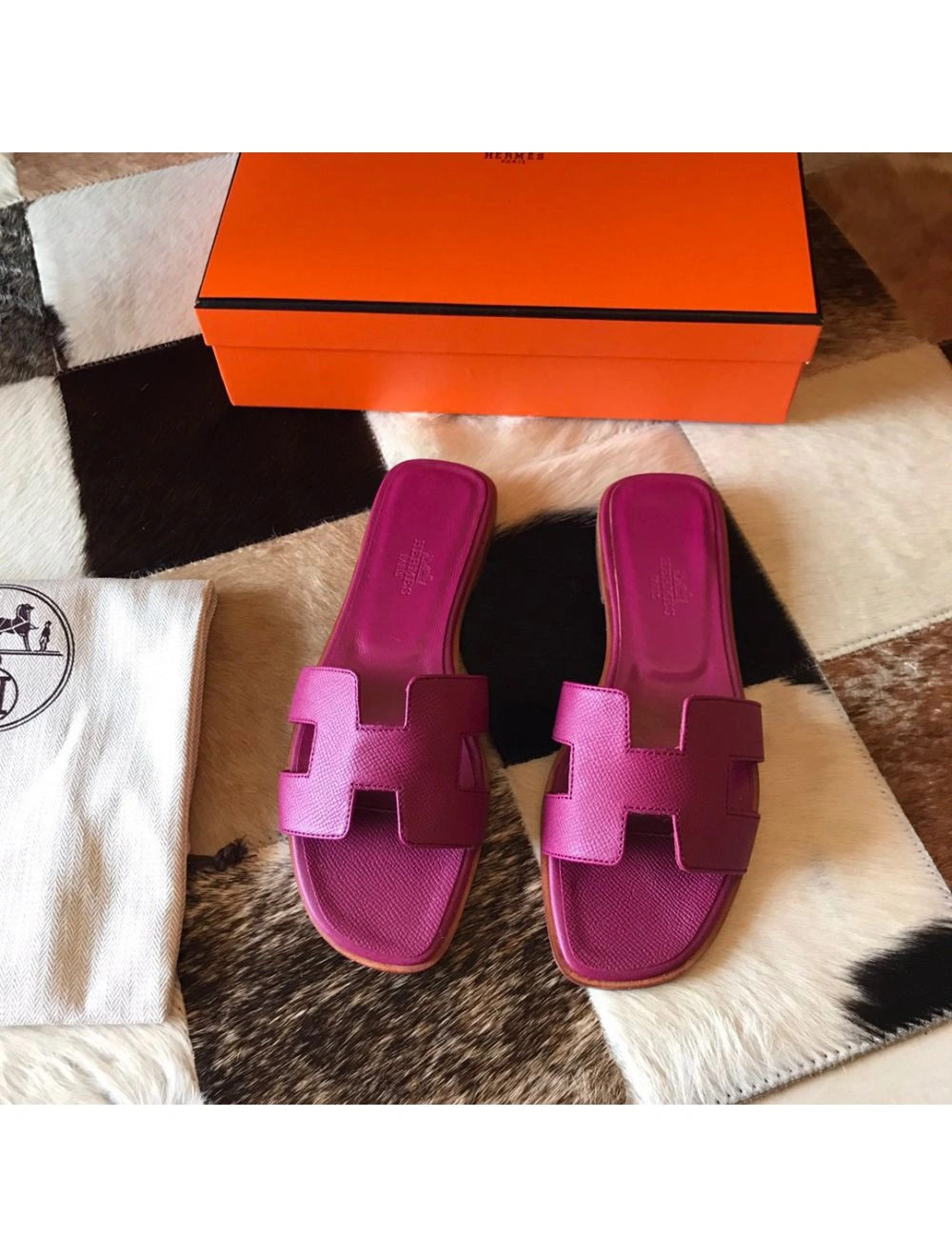 Hermes Oran Slide Sandals In Anemone Epsom Calfskin