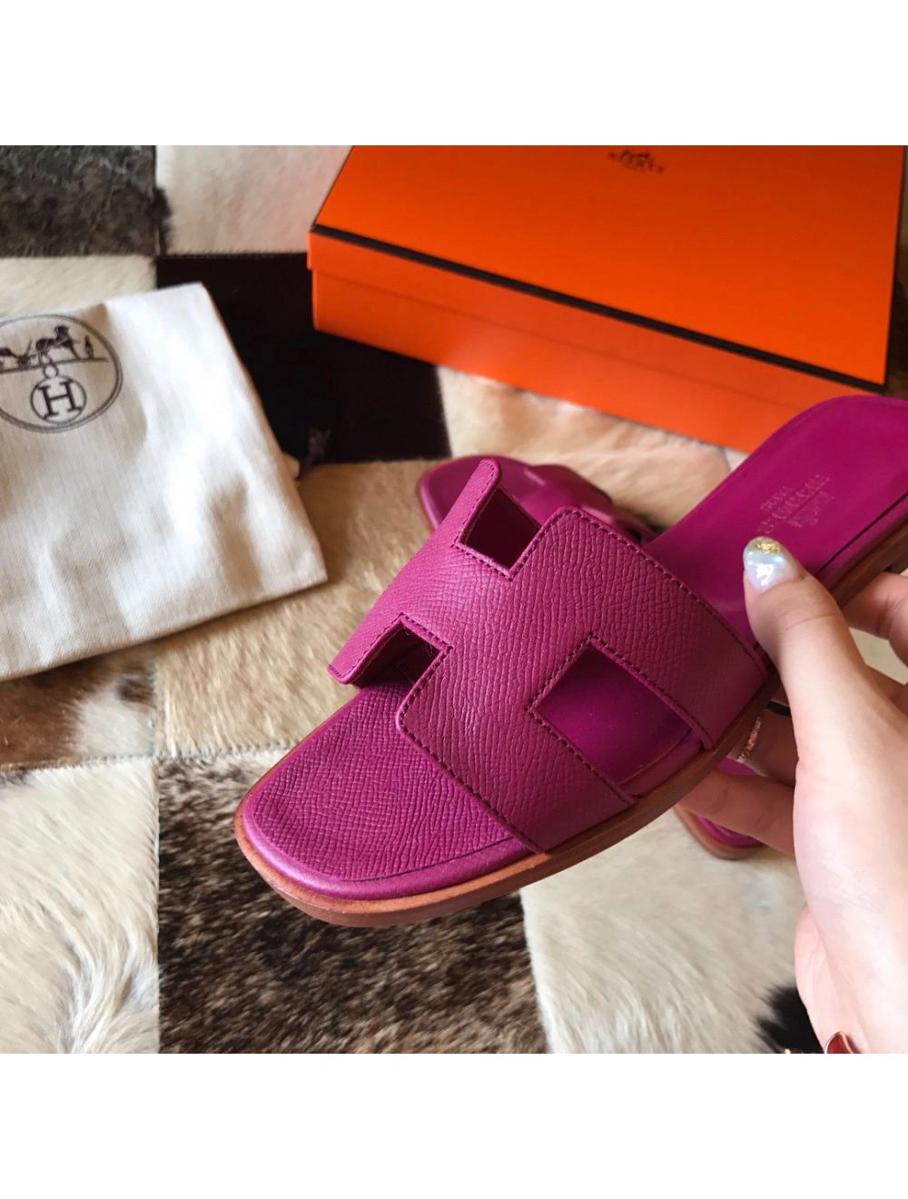 Hermes Oran Slide Sandals In Anemone Epsom Calfskin