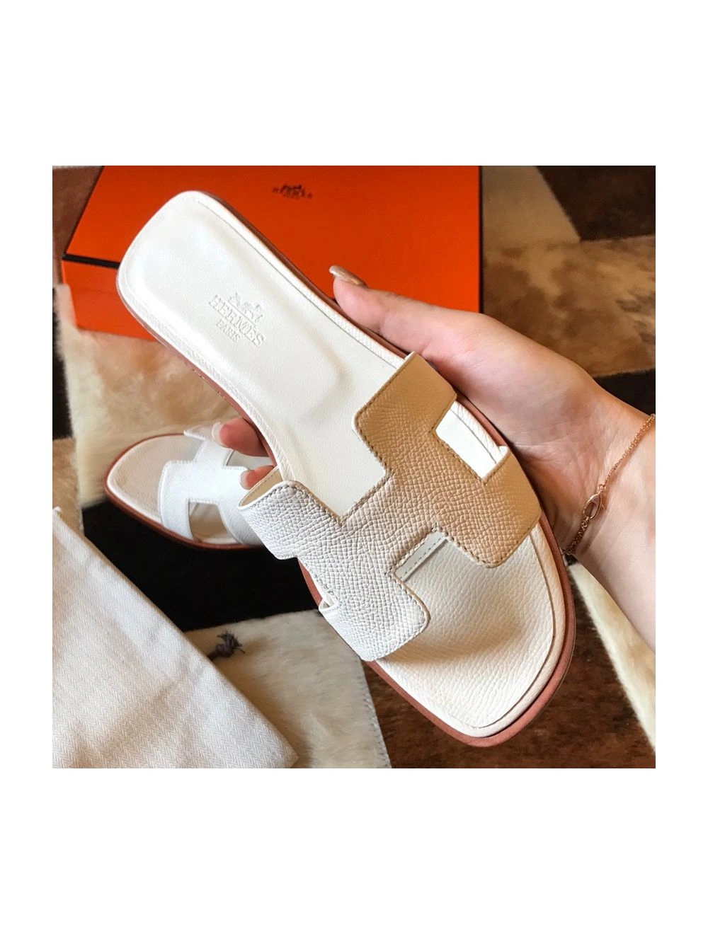 Hermes Oran Slide Sandals In Beton Epsom Calfskin