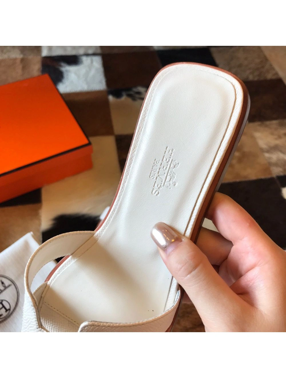 Hermes Oran Slide Sandals In Beton Epsom Calfskin