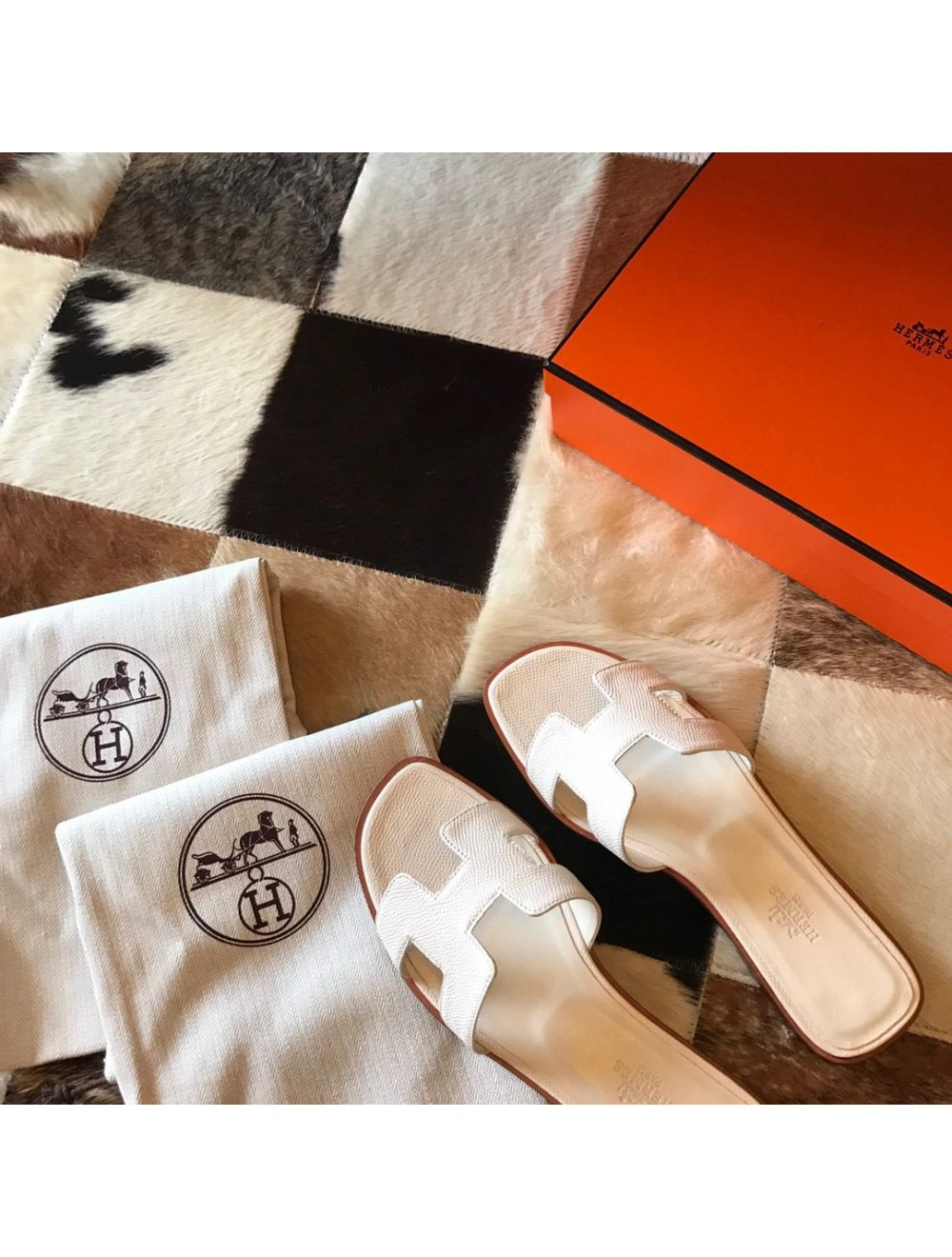 Hermes Oran Slide Sandals In Beton Epsom Calfskin