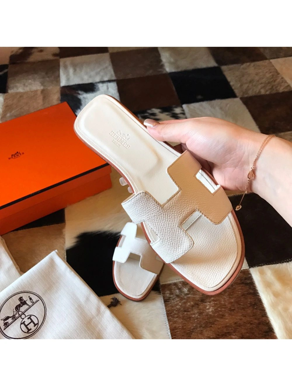 Hermes Oran Slide Sandals In Beton Epsom Calfskin