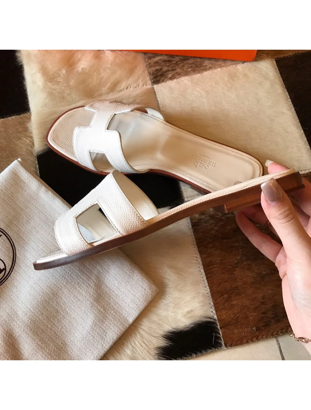 Hermes Oran Slide Sandals In Beton Epsom Calfskin