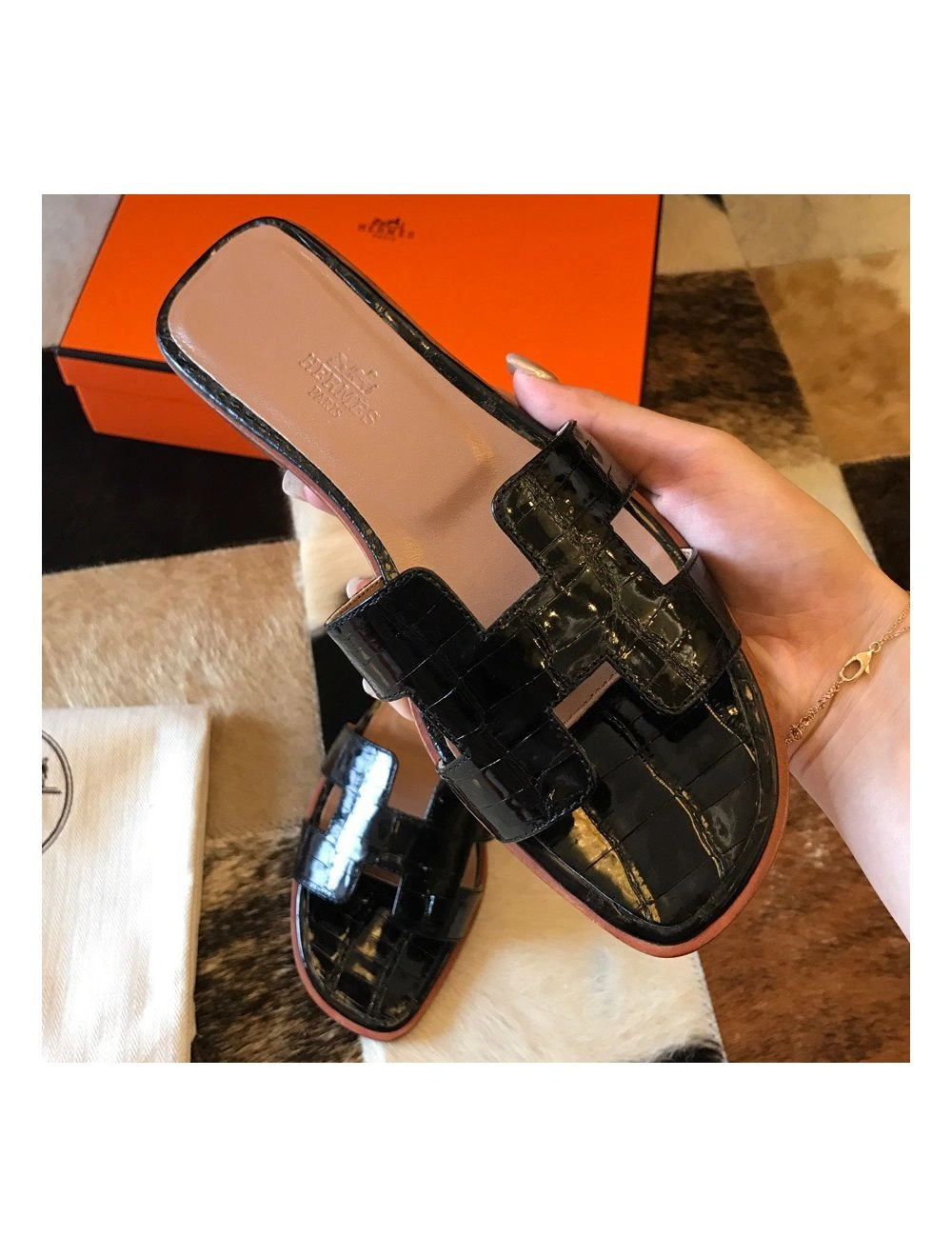 Hermes Oran Slide Sandals In Black Shiny Niloticus Crocodile Skin