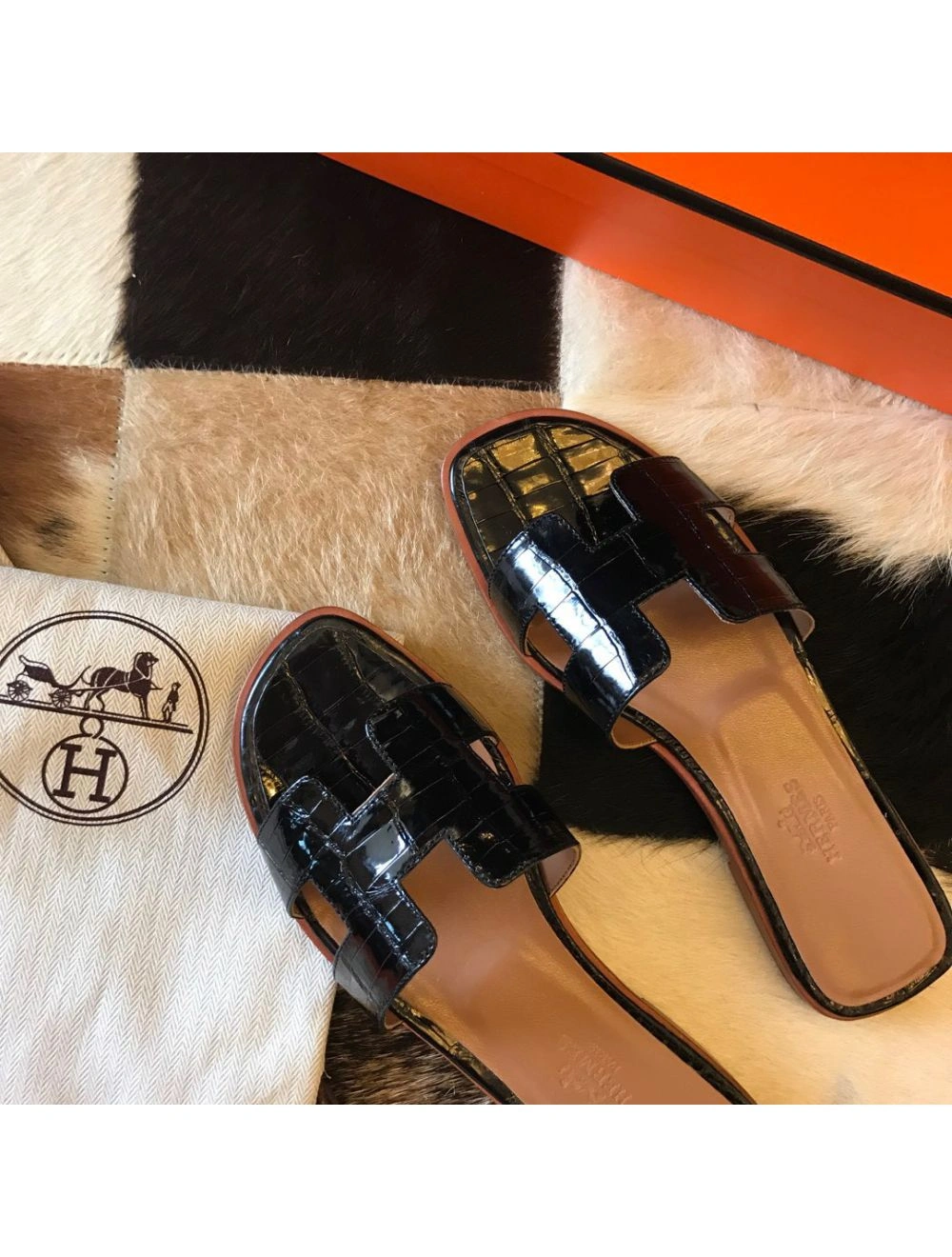 Hermes Oran Slide Sandals In Black Shiny Niloticus Crocodile Skin