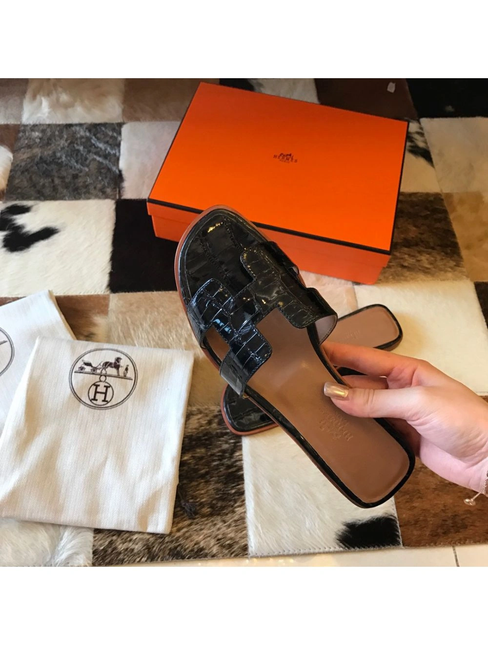 Hermes Oran Slide Sandals In Black Shiny Niloticus Crocodile Skin