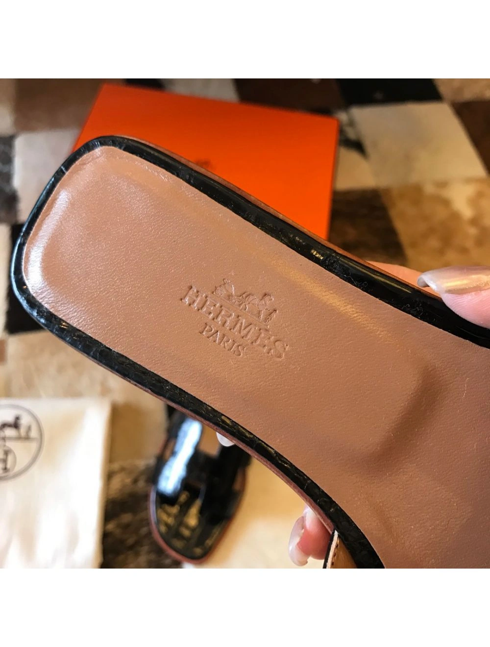 Hermes Oran Slide Sandals In Black Shiny Niloticus Crocodile Skin