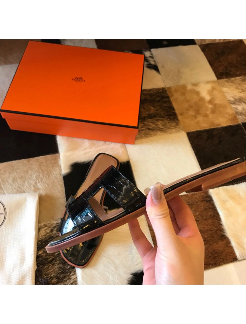 Hermes Oran Slide Sandals In Black Shiny Niloticus Crocodile Skin