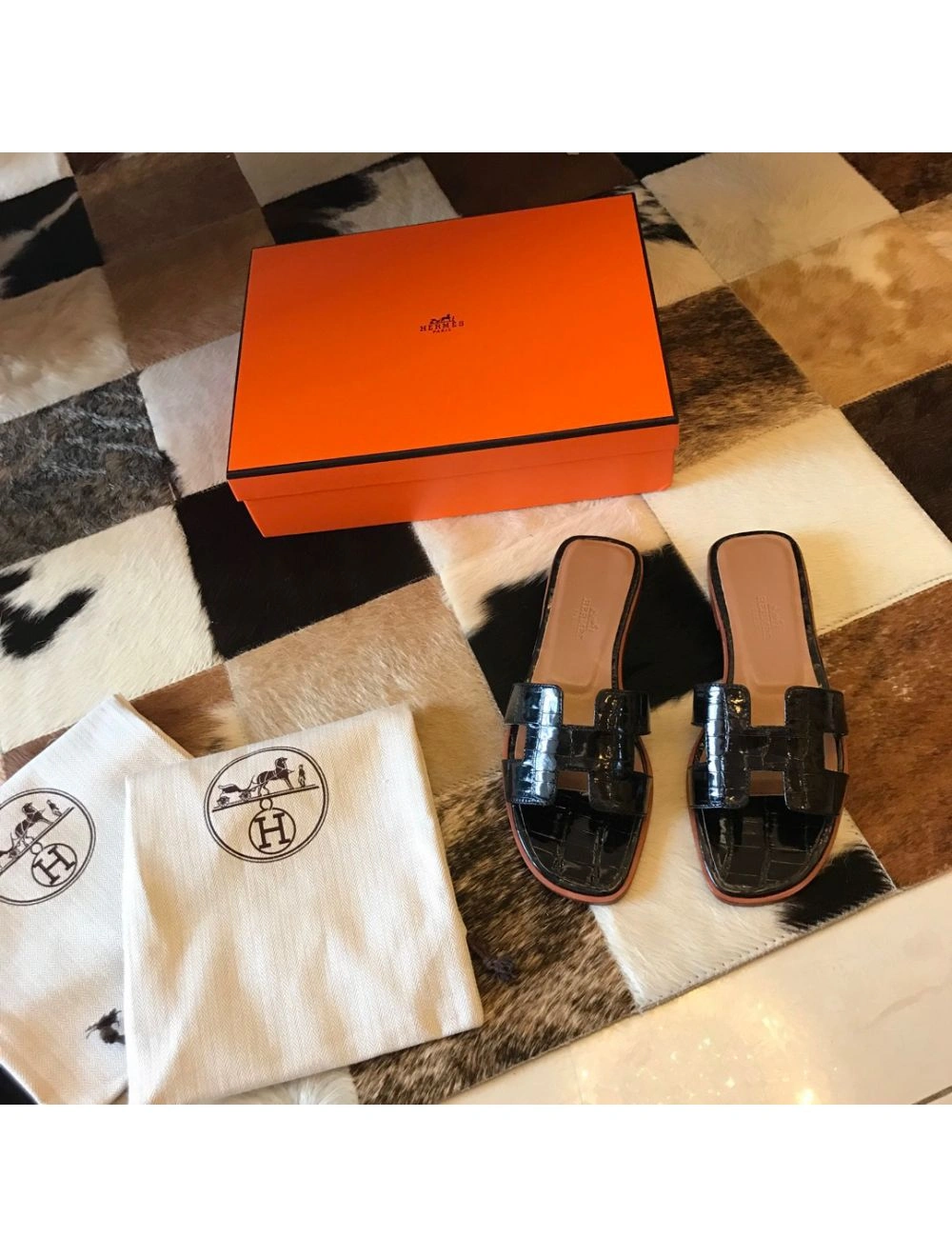 Hermes Oran Slide Sandals In Black Shiny Niloticus Crocodile Skin