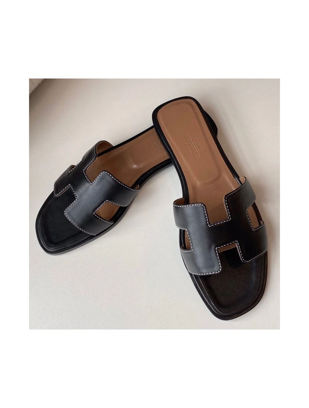 Hermes Oran Slide Sandals In Black Swift Calfskin
