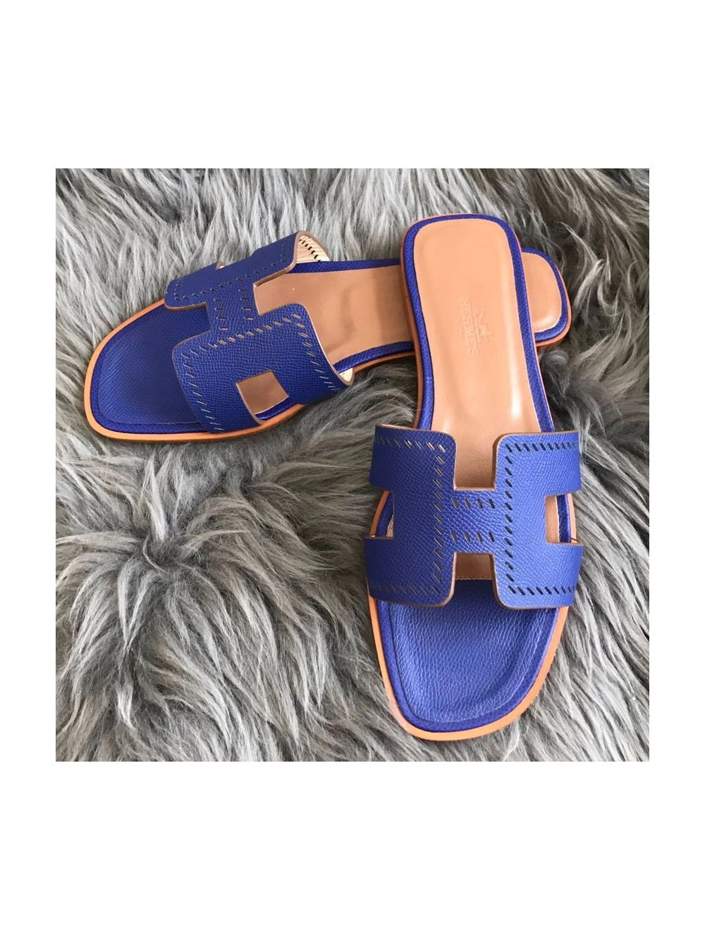 Hermes Oran Slide Sandals In Blue Epsom Perforated Calfskin
