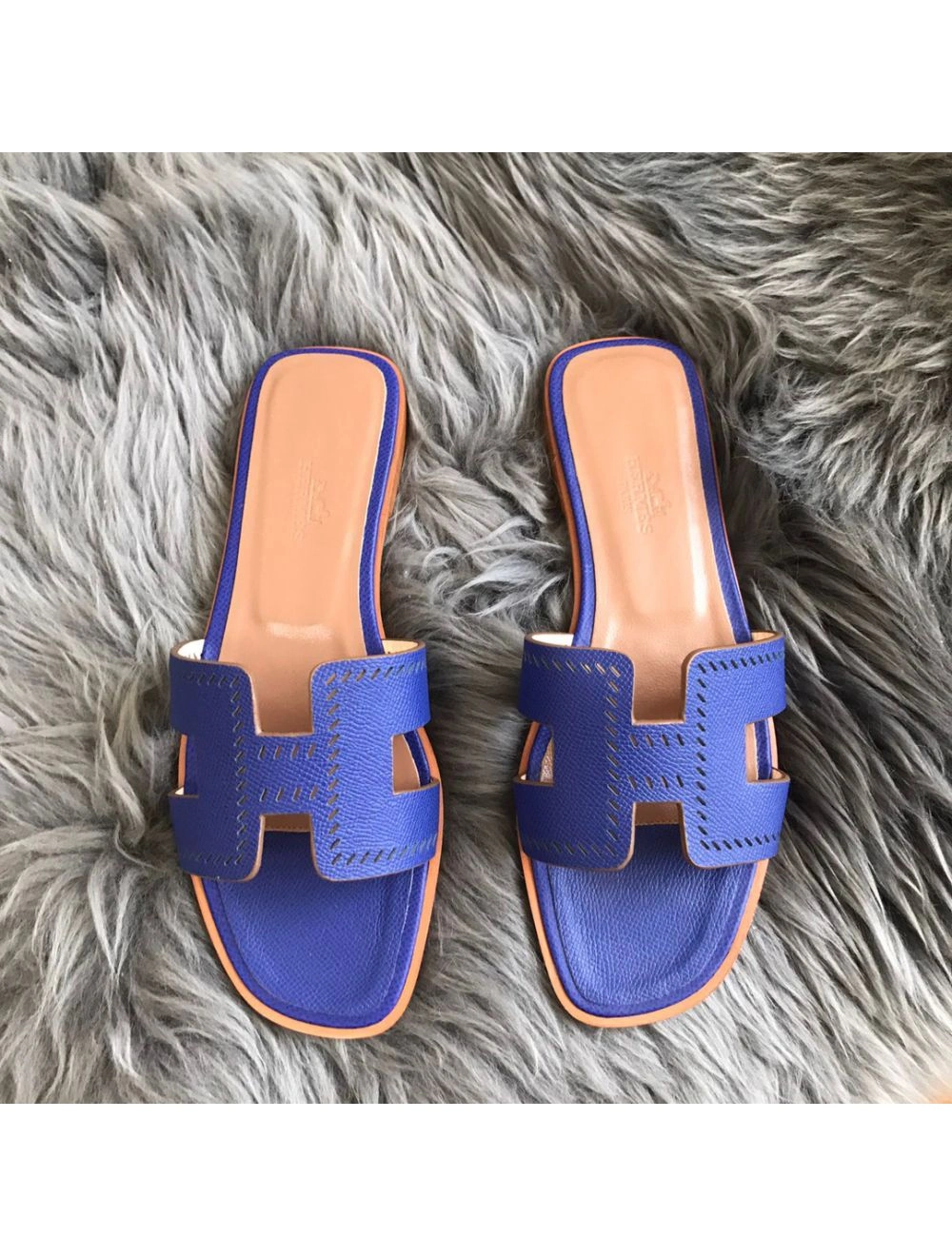 Hermes Oran Slide Sandals In Blue Epsom Perforated Calfskin