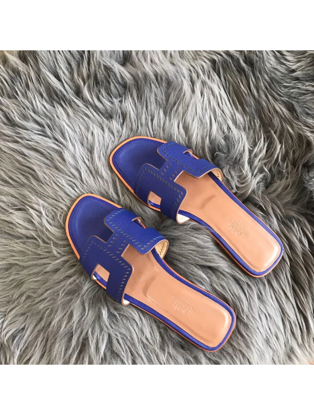 Hermes Oran Slide Sandals In Blue Epsom Perforated Calfskin