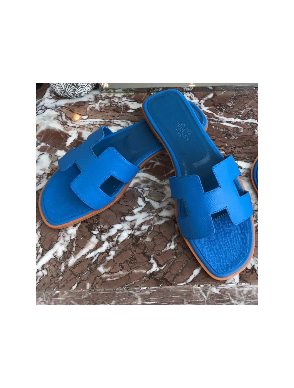 Hermes Oran Slide Sandals In Blue Hydra Epsom Calfskin