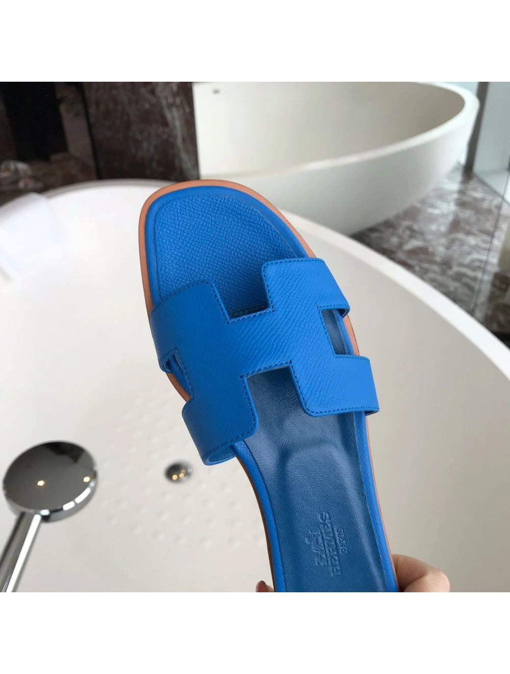 Hermes Oran Slide Sandals In Blue Hydra Epsom Calfskin