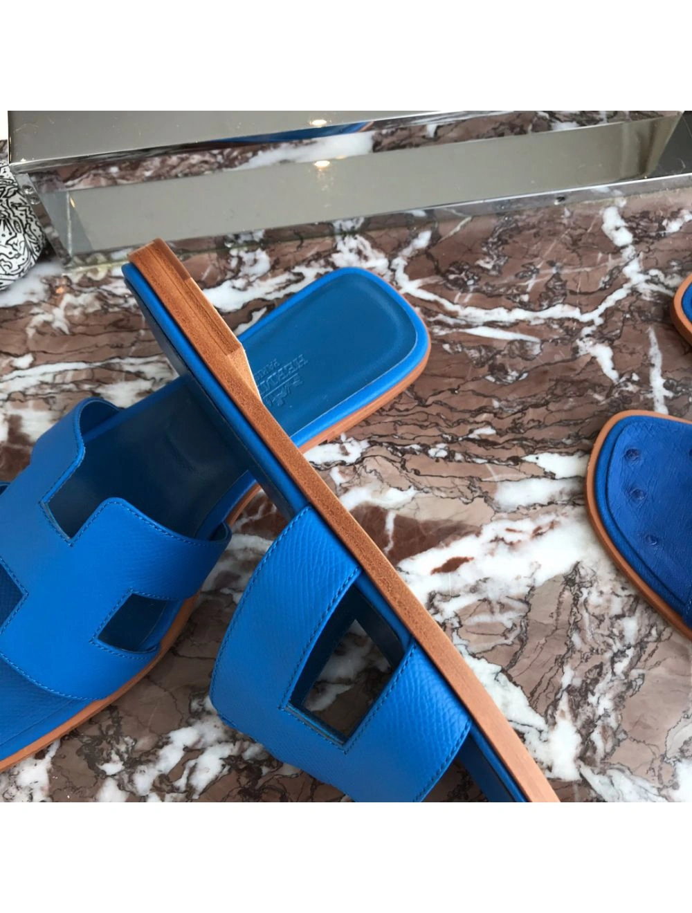 Hermes Oran Slide Sandals In Blue Hydra Epsom Calfskin