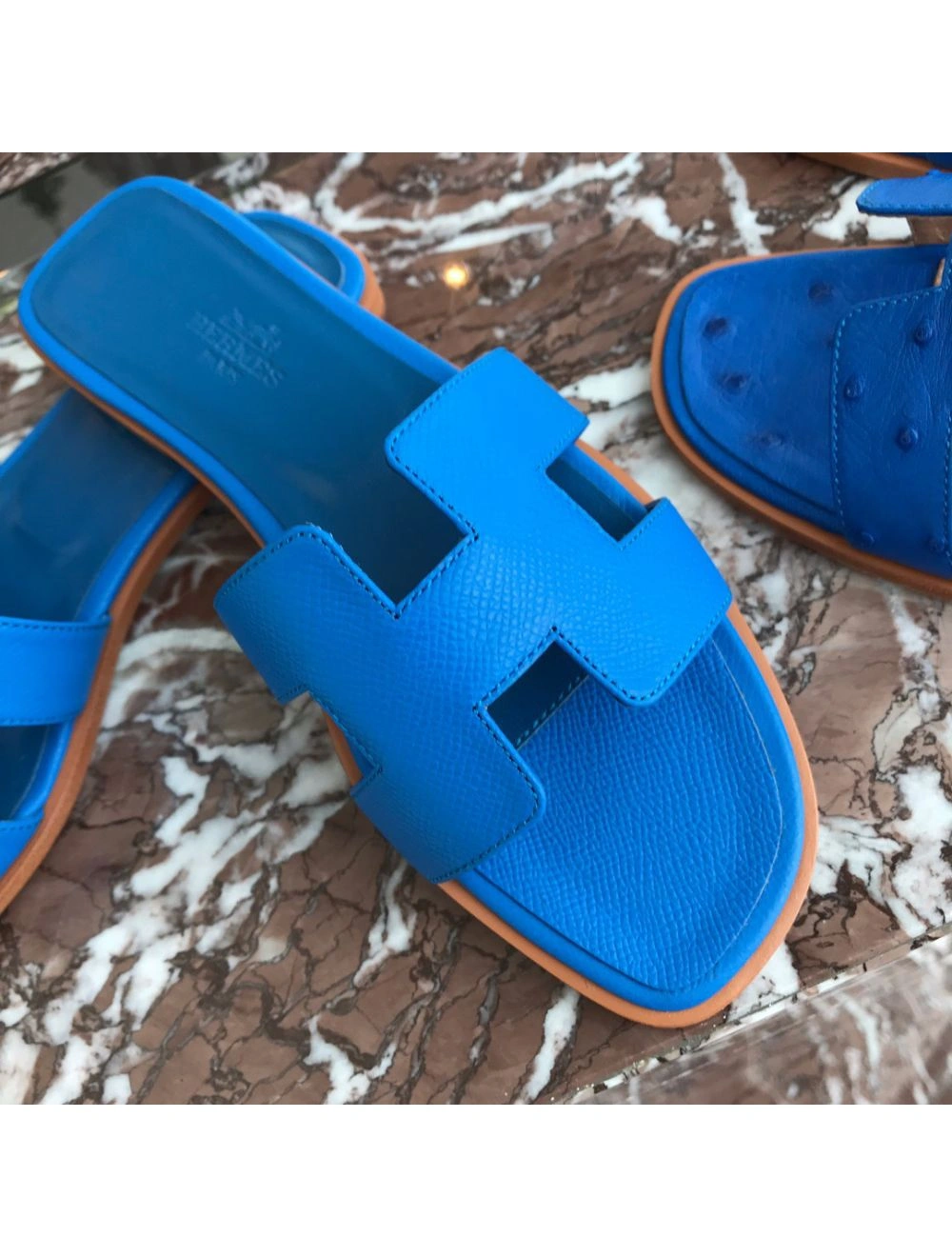 Hermes Oran Slide Sandals In Blue Hydra Epsom Calfskin