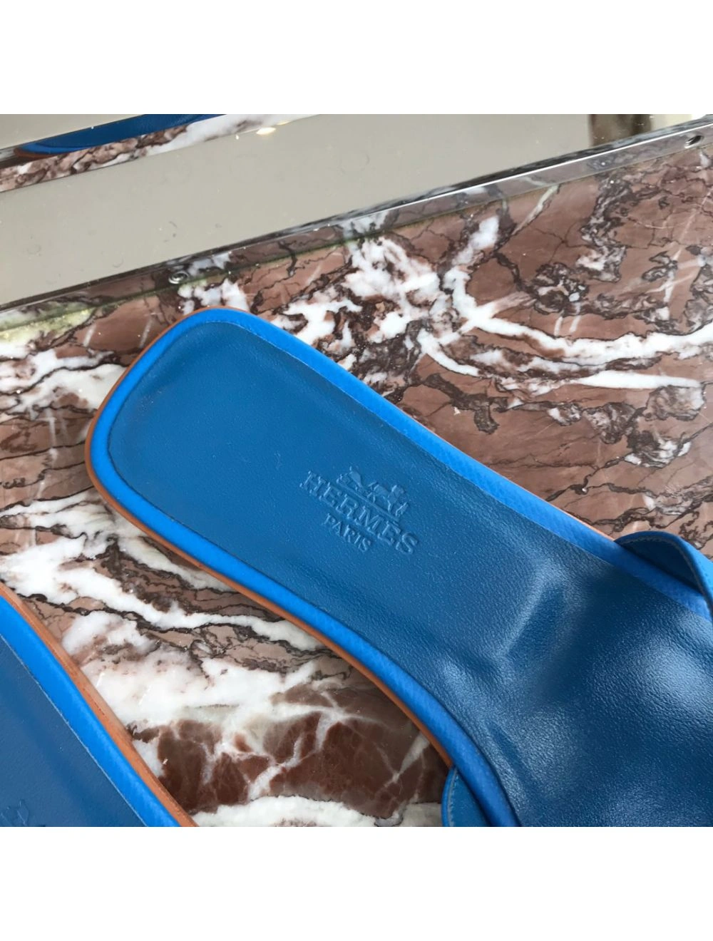 Hermes Oran Slide Sandals In Blue Hydra Epsom Calfskin