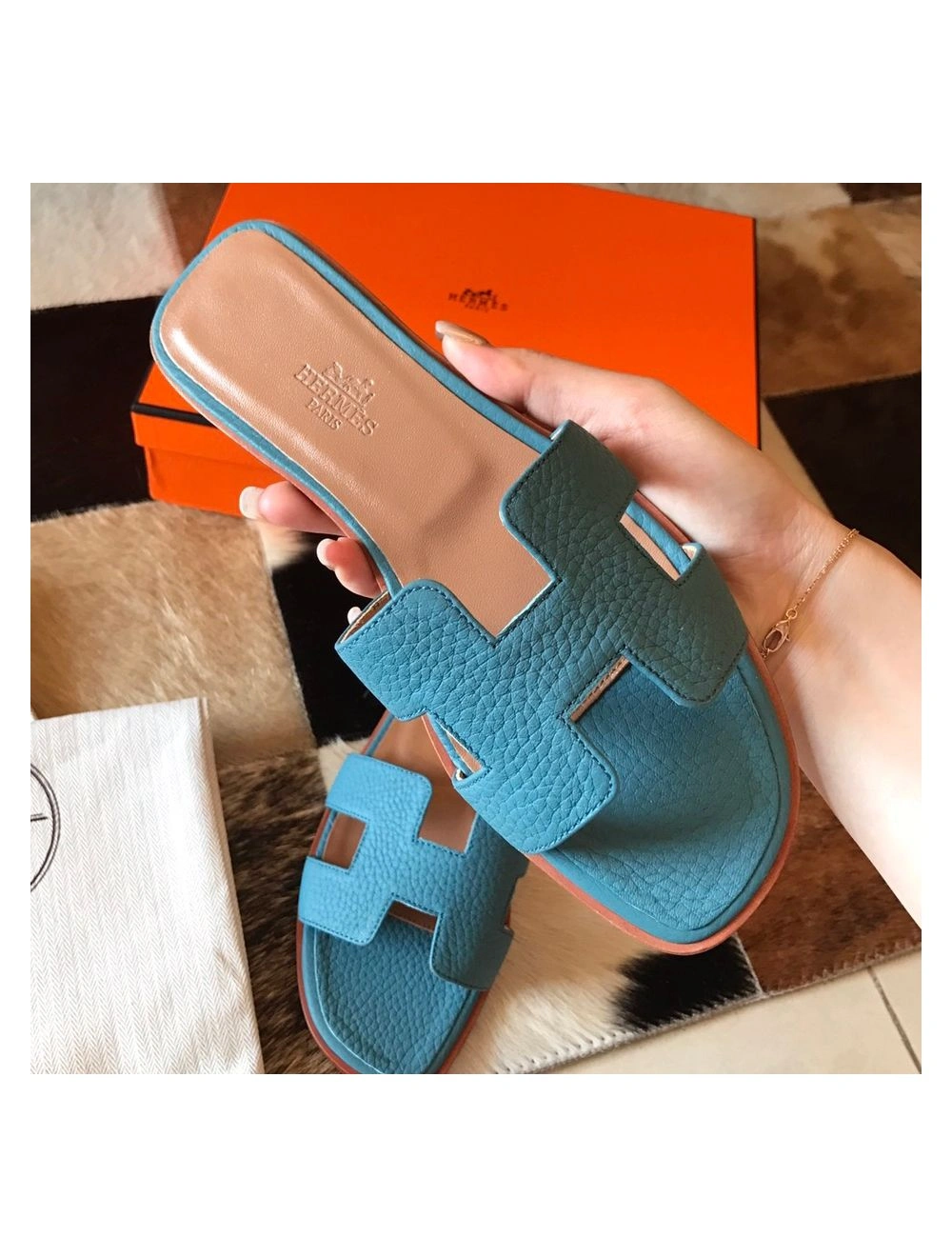 Hermes Oran Slide Sandals In Blue Jean Clemence Leather
