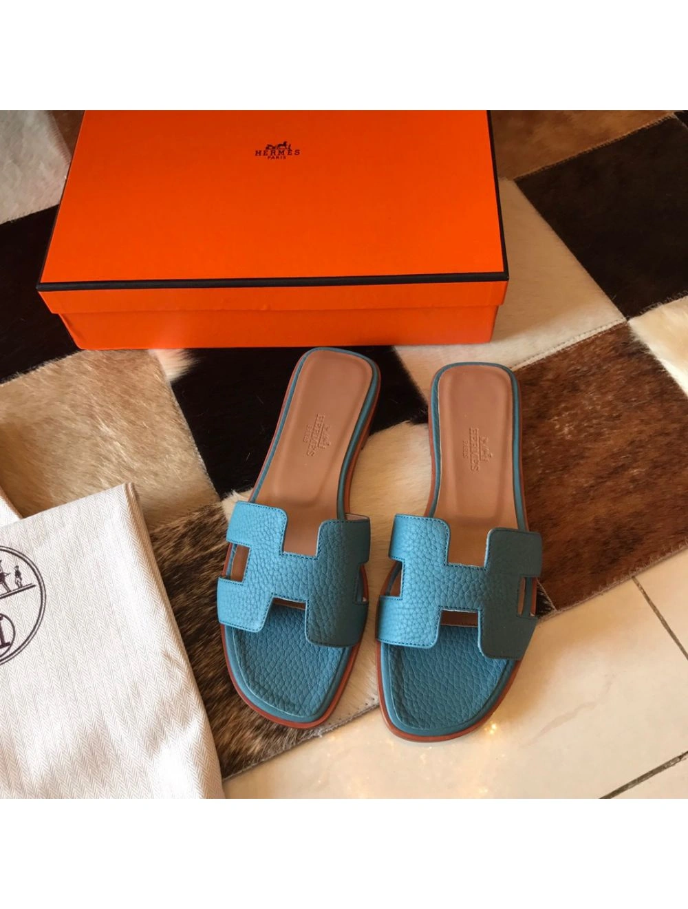 Hermes Oran Slide Sandals In Blue Jean Clemence Leather