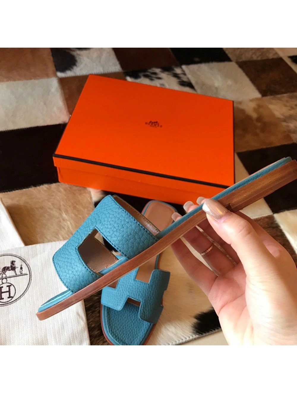Hermes Oran Slide Sandals In Blue Jean Clemence Leather