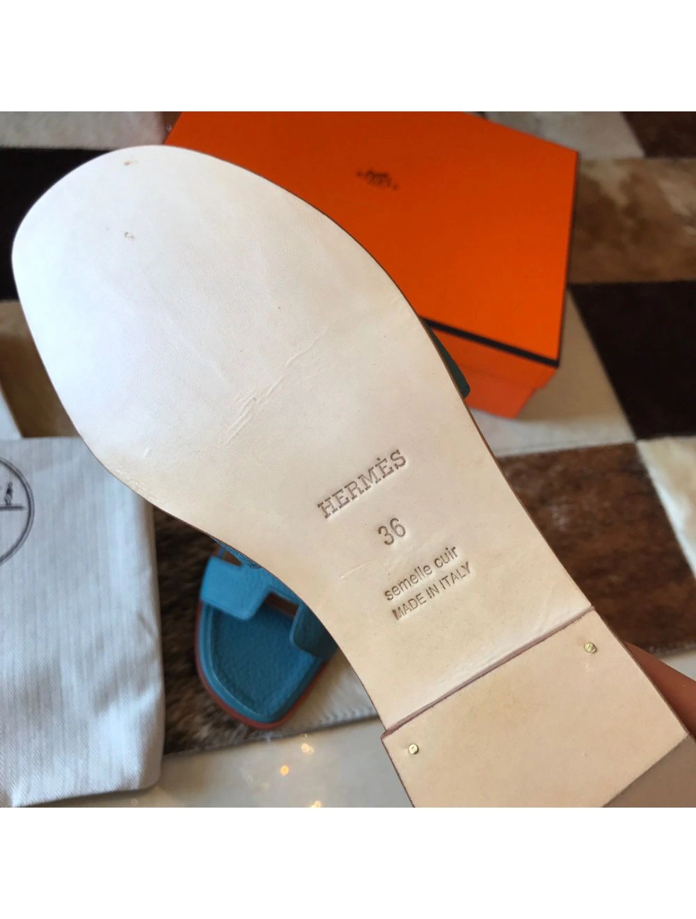 Hermes Oran Slide Sandals In Blue Jean Clemence Leather