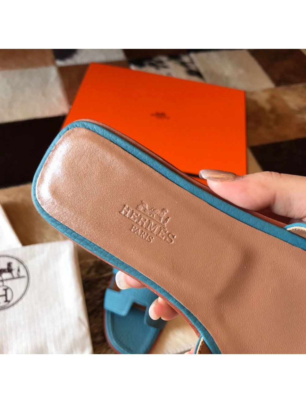 Hermes Oran Slide Sandals In Blue Jean Clemence Leather