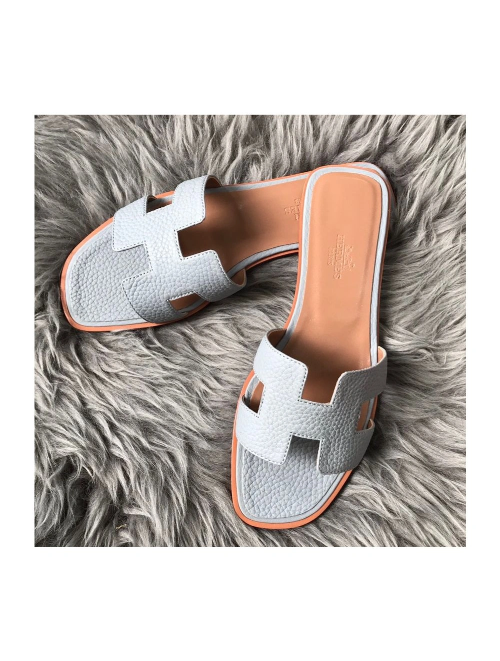 Hermes Oran Slide Sandals In Blue Lin Clemence Leather