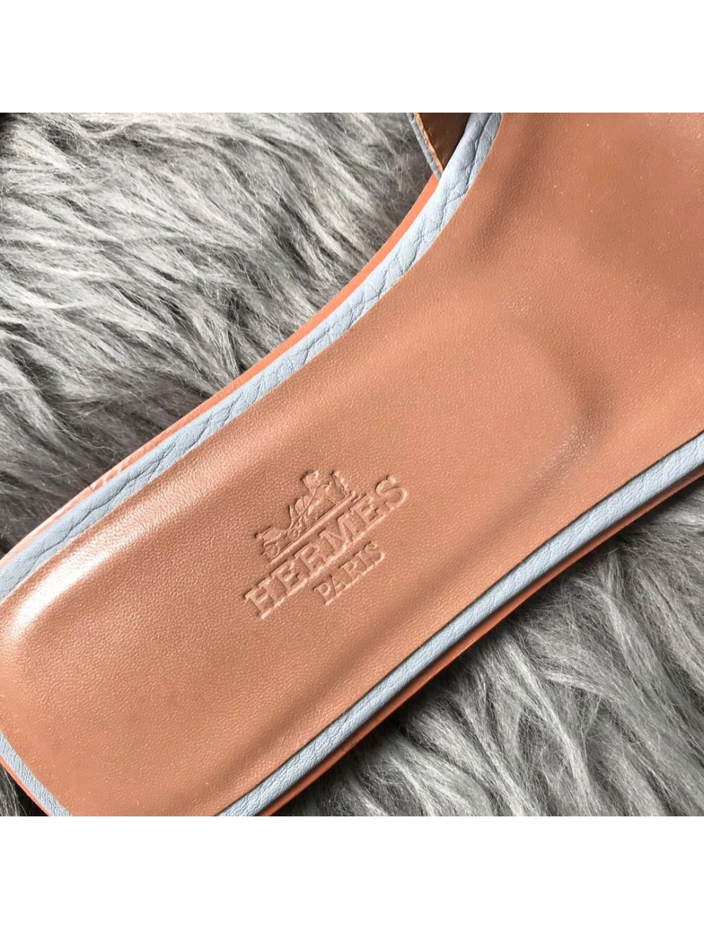 Hermes Oran Slide Sandals In Blue Lin Clemence Leather