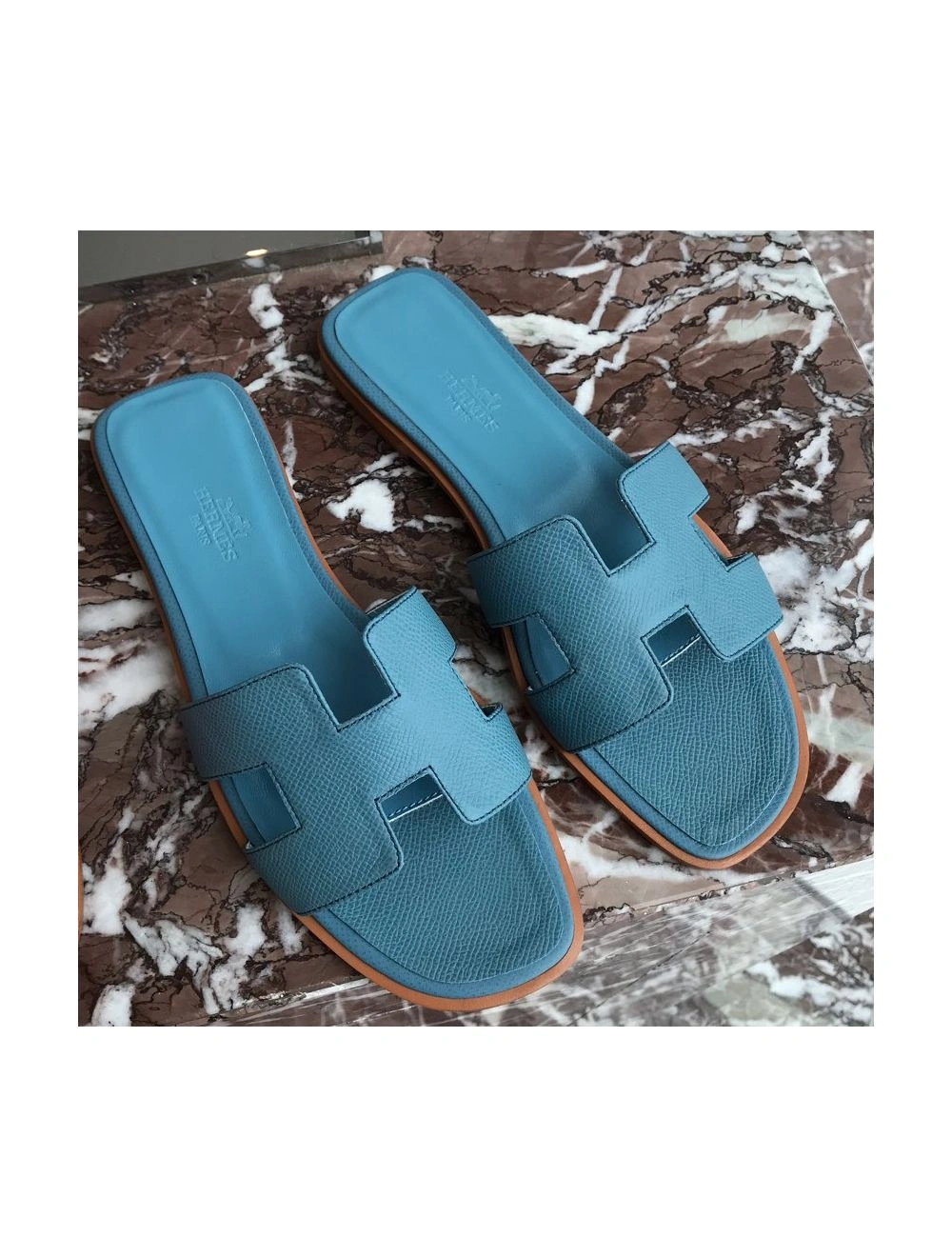 Hermes Oran Slide Sandals In Blue du Nord Epsom Calfskin