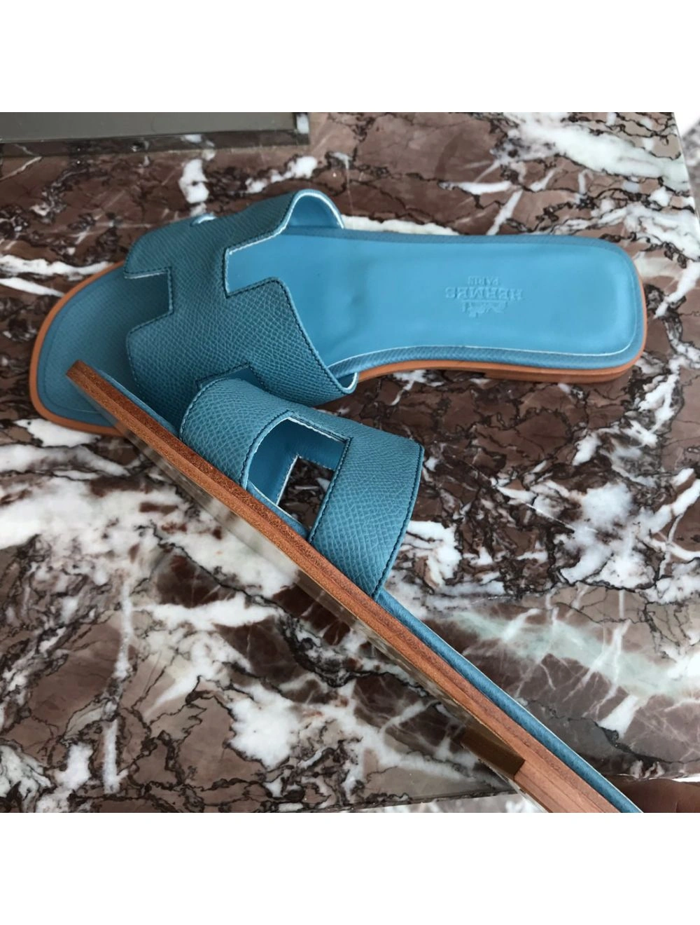 Hermes Oran Slide Sandals In Blue du Nord Epsom Calfskin