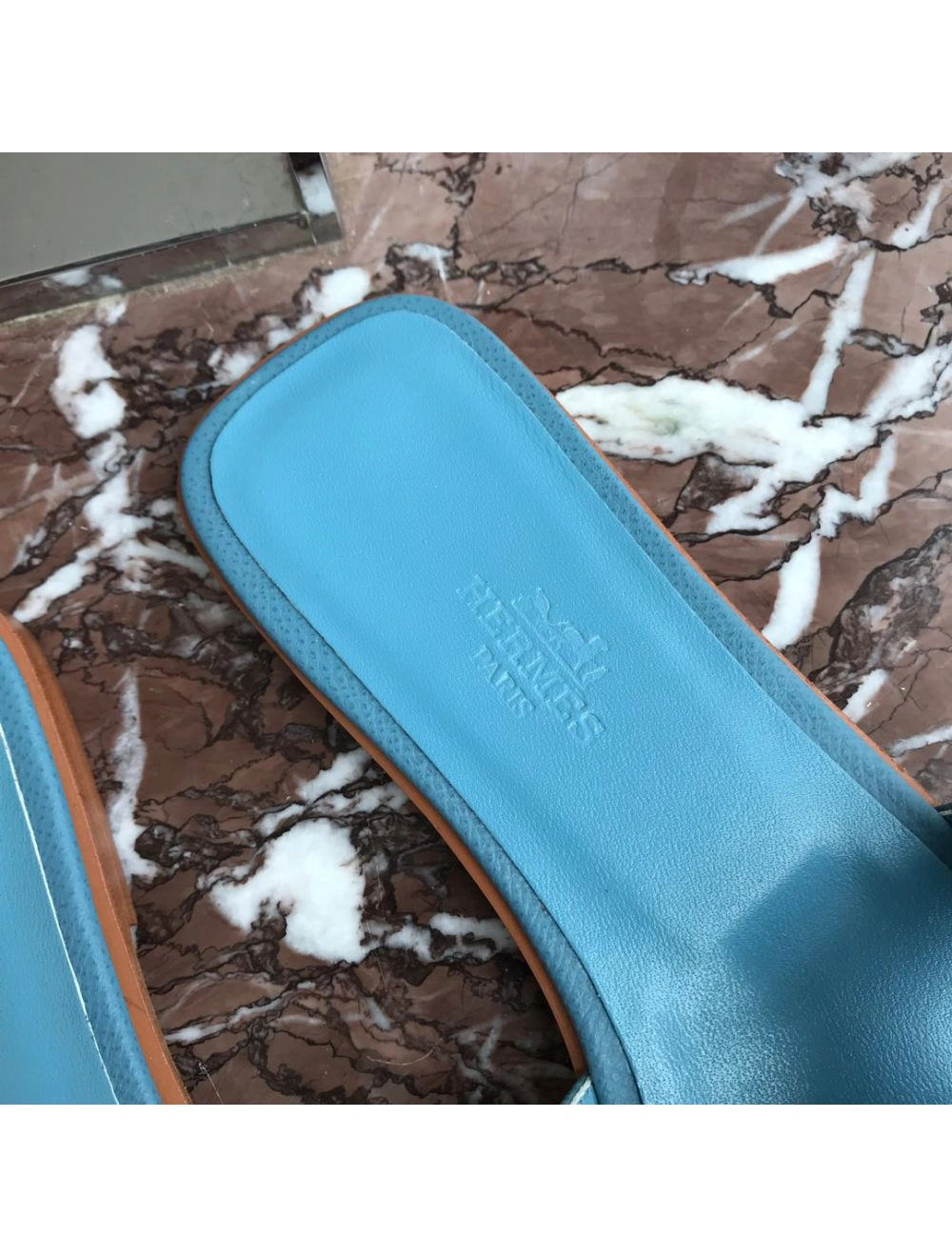 Hermes Oran Slide Sandals In Blue du Nord Epsom Calfskin