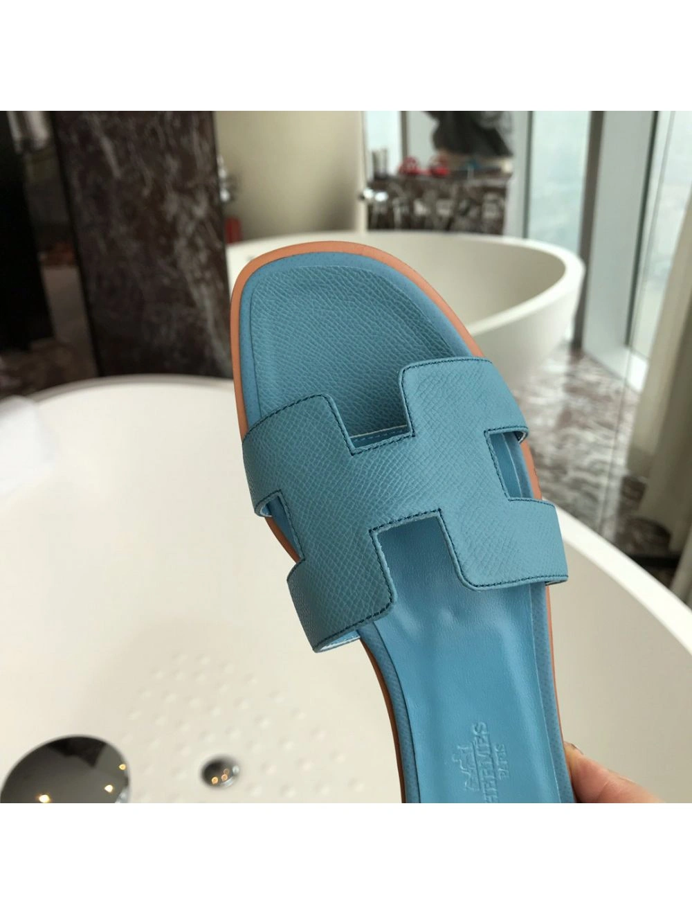 Hermes Oran Slide Sandals In Blue du Nord Epsom Calfskin