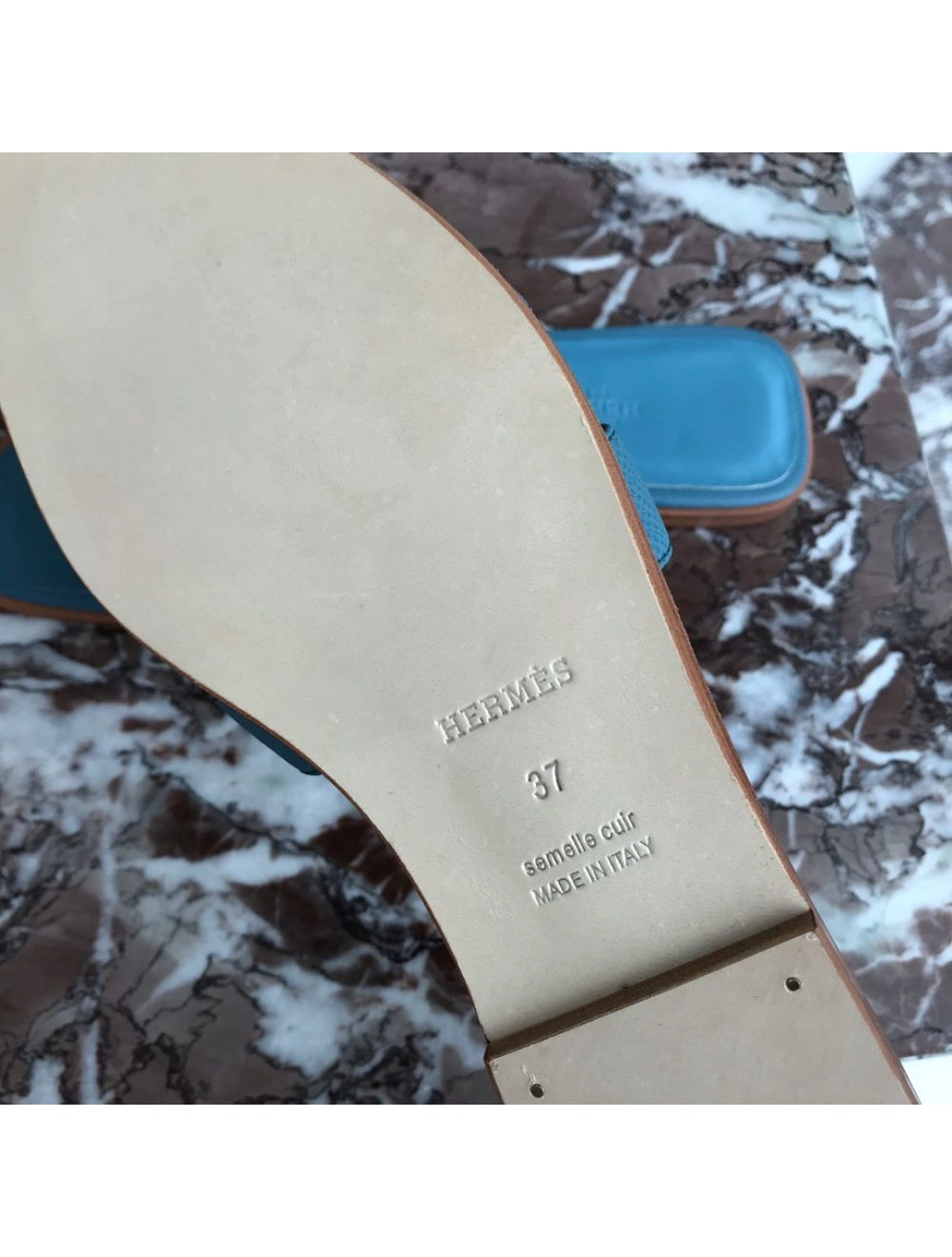 Hermes Oran Slide Sandals In Blue du Nord Epsom Calfskin