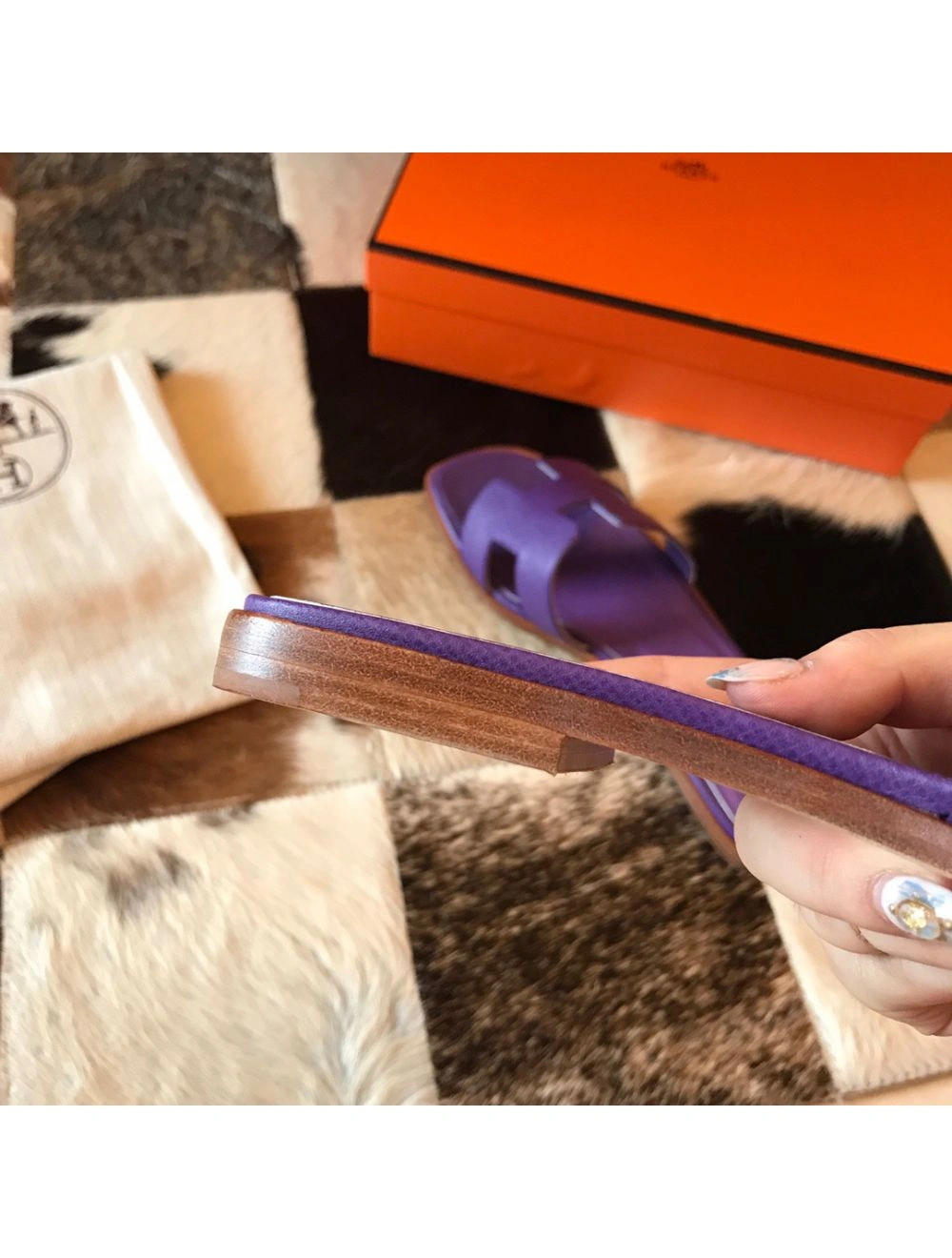 Hermes Oran Slide Sandals In Crocus Epsom Calfskin