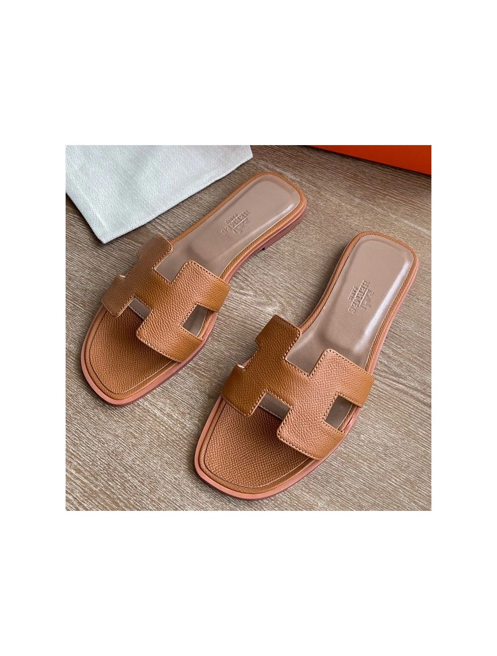 Hermes Oran Slide Sandals In Gold Epsom Calfskin