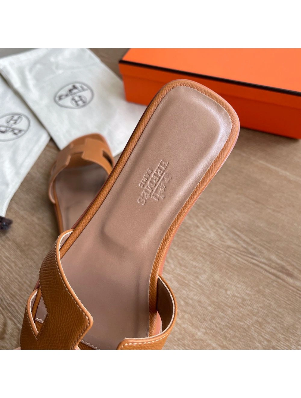 Hermes Oran Slide Sandals In Gold Epsom Calfskin