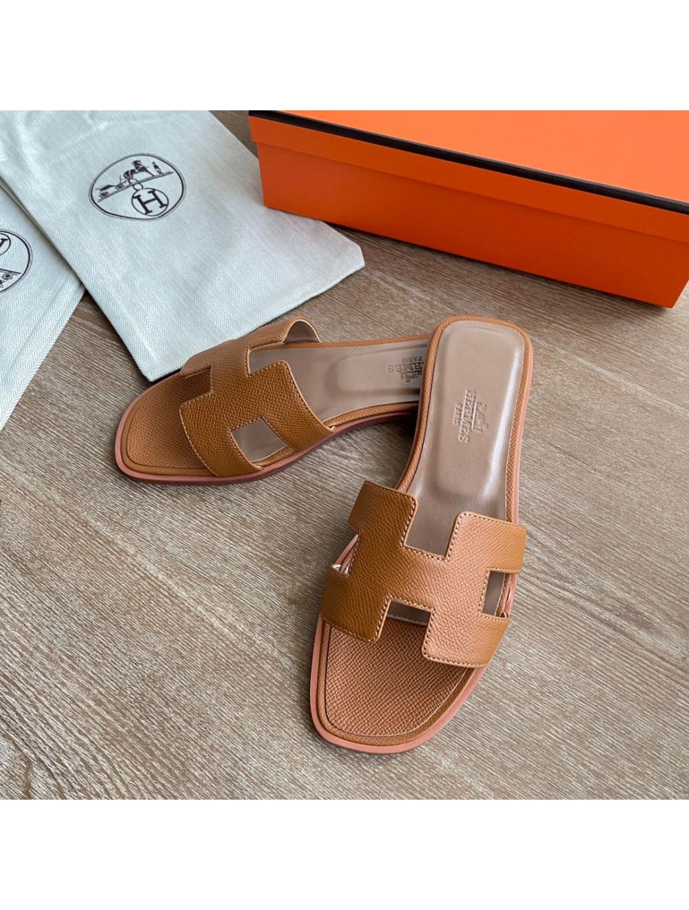 Hermes Oran Slide Sandals In Gold Epsom Calfskin