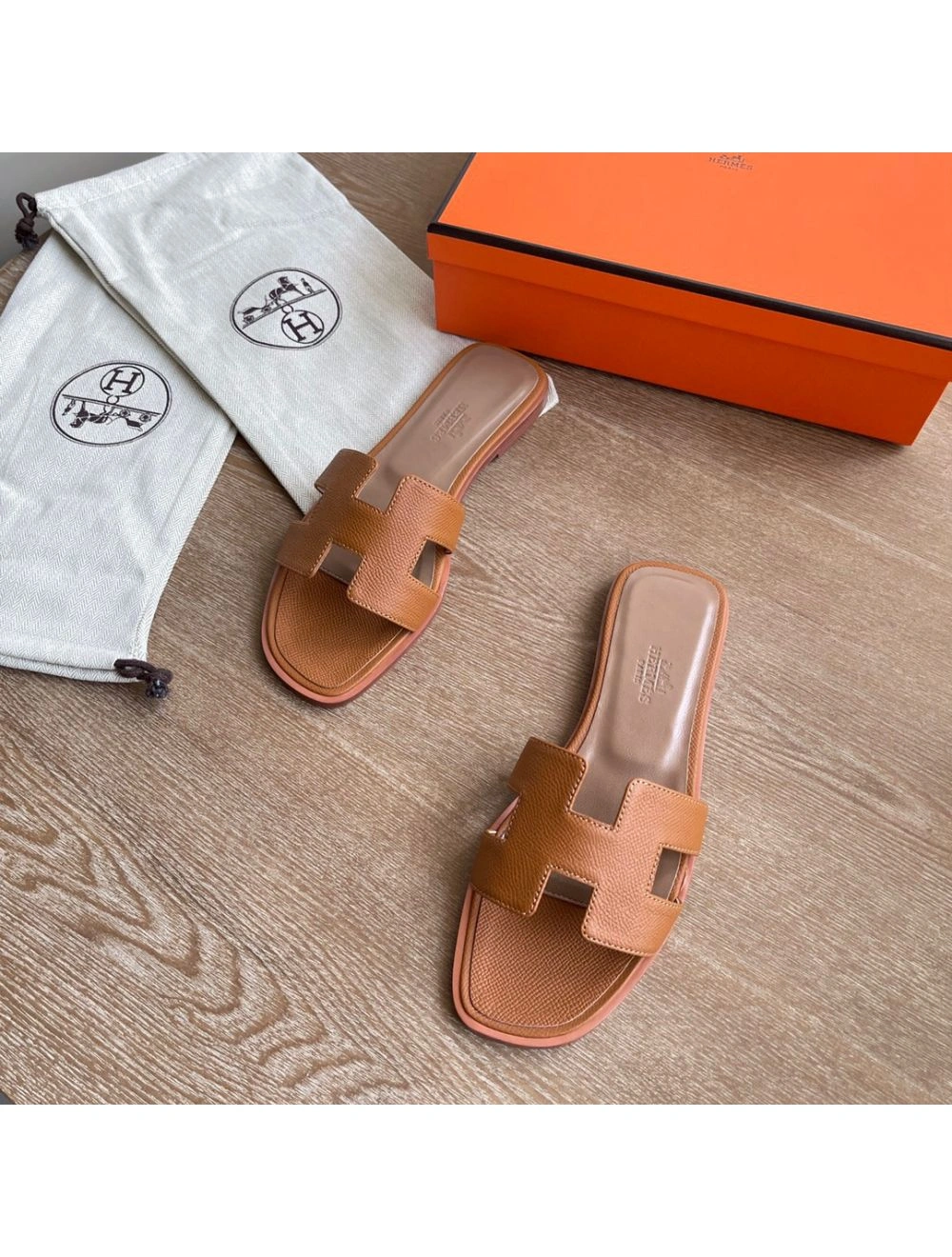 Hermes Oran Slide Sandals In Gold Epsom Calfskin